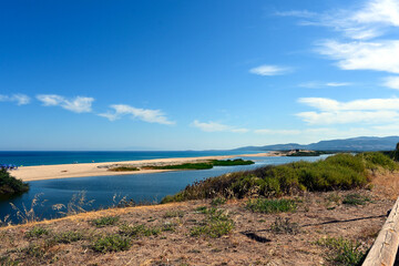 The mouth of the Coghinas river, Sardinia, municipality of Valledoria, in the Gulf of Asinara. Protected area, natural habitats of animals, birds, fish and plant species. Sardegna, Italy