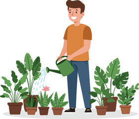 Flat Illustration of Smiling Man Watering Potted Plants in the Garden