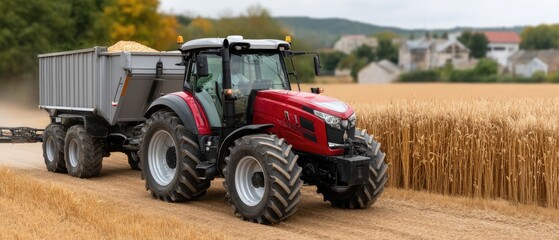 Obraz premium A tractor is actively spraying crops in a vibrant green field with a town in the background during late afternoon sunlight
