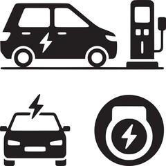 Black and white electric vehicle charging station and car icons on a white background design set