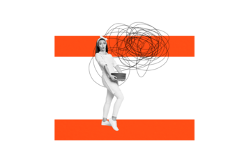 Artwork magazine collage picture of funny impressed lady holding big plates stack isolated drawing background