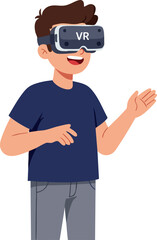 Cartoon Style Man Wearing VR Headset Immersed in Virtual Reality Illustration
