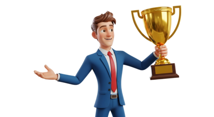 3d icon of cartoon businessman in blue suit holding golden trophy isolated on transparent background