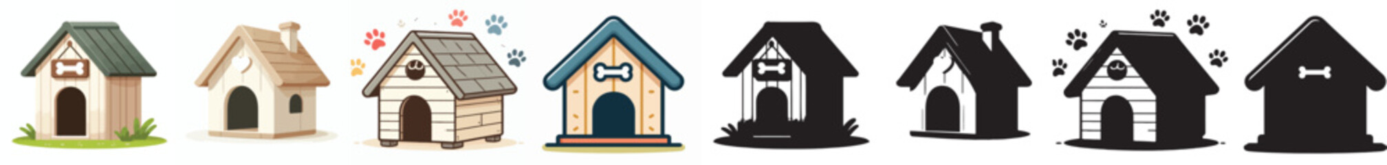 Set of vector and shilhouttes simple dog house images on white background