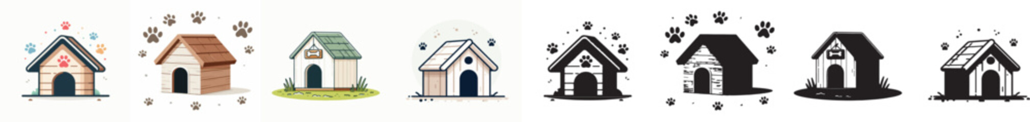 Set of vector and shilhouttes simple dog house images on white background