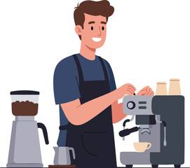 Cartoon Smiling Barista Preparing Espresso Beverage in Coffee Shop Illustration