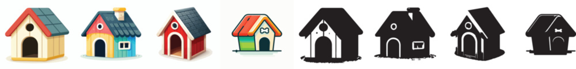 Set of vector and shilhouttes simple dog house images on white background
