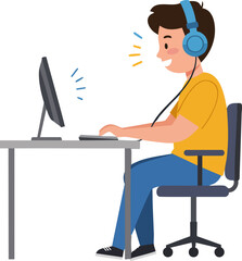 Cartoon Illustration Man Wearing Headphone Using Computer at Office Table