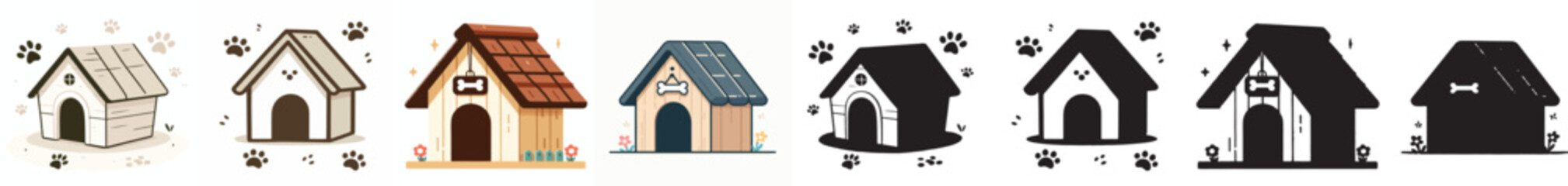 Set of vector and shilhouttes simple dog house images on white background