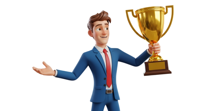 3d icon of cartoon businessman in blue suit holding golden trophy isolated on transparent background