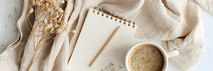 Flat lay with copy space featuring neutral stationery notebook, pencil, ceramic coffee cup, and linen fabric. Dried flowers add a soft natural touch, creating a cozy and minimal Scandinavian workspace
