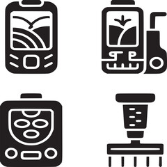 Four black and white icons depicting farming technology and agricultural equipment in a grid pattern