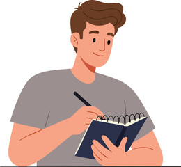Cartoon Style Man Writing in Notebook Flat Illustration Character