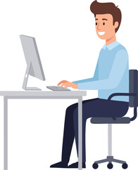 Modern Flat Style Man Working on Computer Desk Illustration