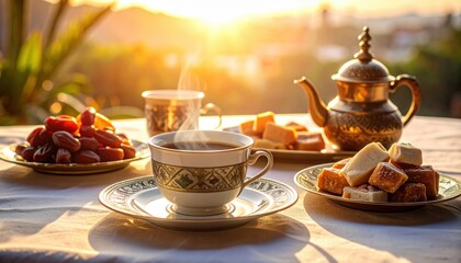 Fototapeta premium A serene morning scene featuring steaming coffee, sweets, and dates on a table with a beautiful sunrise backdrop