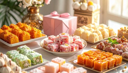 Fototapeta premium A vibrant display of assorted desserts and sweets elegantly arranged on a table with floral decor and soft lighting