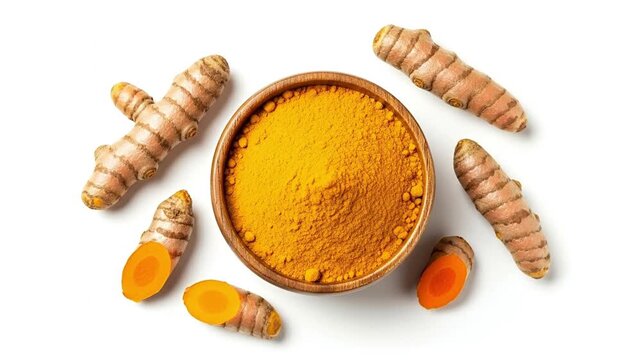 An overhead, static shot showcases vibrant yellow turmeric powder meticulously arranged in a rustic wooden bowl, positioned centrally on a pristine white background. Surrounding the bowl are several f