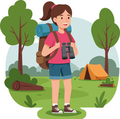 Flat Cartoon Young Woman Hiker With Backpack and Binoculars Illustration