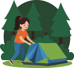 Flat Cartoon Style Woman Setting Up Tent in Nature Landscape