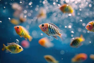 Colorful Tropical Fish Swimming in Clear Water with Bubbles and Light Effects