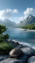 A tortoise is seen on the sand, surrounded by ocean waves, showcasing its unique shell against a scenic coastal backdrop