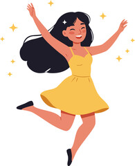 Cheerful Flat Style Girl Jumping with Joyful Expression Illustration