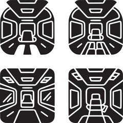 Four futuristic vehicle interior icons depicting different perspectives in black and white style