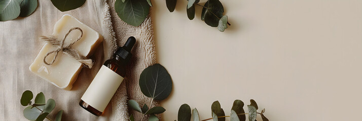 Flat lay background with copy space for branding or text, showcasing eco skincare items — serum bottle, soap, towel, and eucalyptus. purity, mindfulness, and spa luxury.