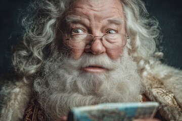 Santa claus with glasses looking surprised, studying a map during holiday season