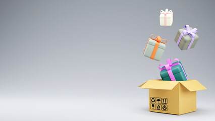 Fototapeta premium 3D rendering of Set of gift boxes and Carton delivery packaging box on pastel background