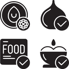 Four food icons with check marks showing oil, onion, food label, and bowl with liquid approved