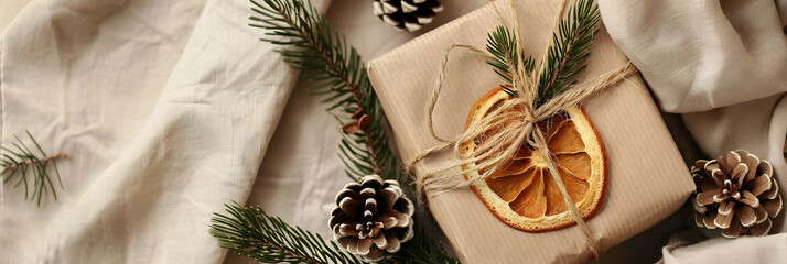 gift box wrapped in kraft paper and twine, decorated with orange slice, pine cones, and green fir sprigs.  perfect for banners and seasonal design templates.