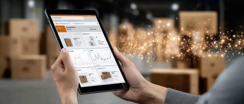 Person interacts with a tablet displaying inventory details while surrounded by shelves full of boxes in a warehouse setting