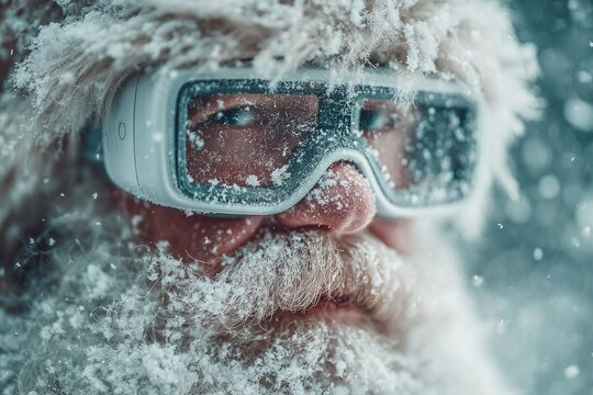 Santa claus wearing virtual reality goggles and covered in falling snow during a wintry blizzard - Powered by Adobe