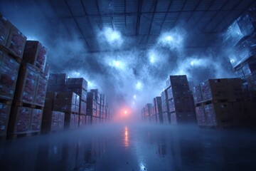 Cold fog filling an industrial logistics warehouse aisle with stacked pallets