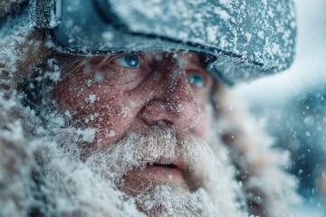 Santa claus with a frozen beard and face wearing a vr headset in a snowstorm