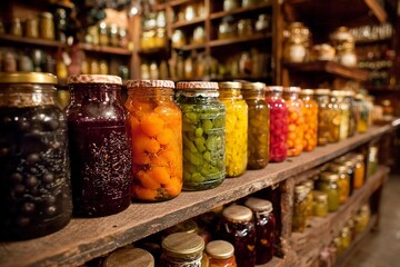 Glass jars displaying homemade preserved fruits and vegetables on rustic wooden shelves