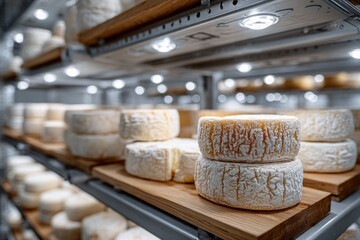 Fototapeta premium Dairy products aging in an underground storage facility, showing traditional food production