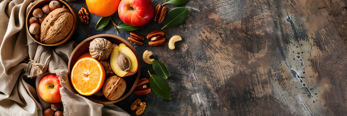 flat lay Overhead view of assorted autumn fruits and nuts arranged in a wooden bowl on a textured wooden table. cozy kitchen mood ideal for seasonal food photography