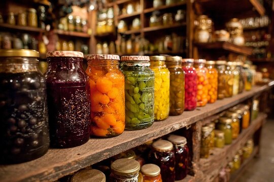 Glass jars displaying homemade preserved fruits and vegetables on rustic wooden shelves