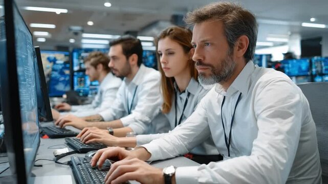 Focused Team in Data Center: A team of dedicated professionals concentrates on complex tasks within a modern data center, illuminated by the cool glow of computer monitors.