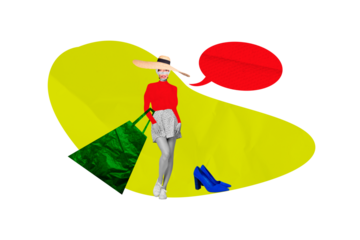 Composite photo collage of girl wear mask hat hold big shopper bag say phrase bubble heels shopping sale isolated on painted background