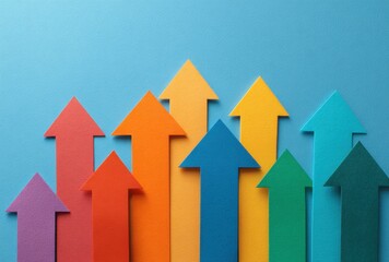 Colorful Wooden Arrows Pointing Upward on Bright Blue for Growth