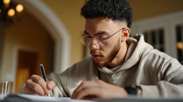 Focused Study: A young individual, illuminated by natural light, intently engrossed in the act of writing, with a pen poised and poised on paper, showcasing studious focus and commitment to learning.