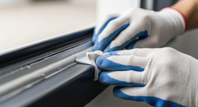 Hands wiping away excess sealant from a door sill pan seam showcasing clean finish techniques to improve durability and aesthetics.