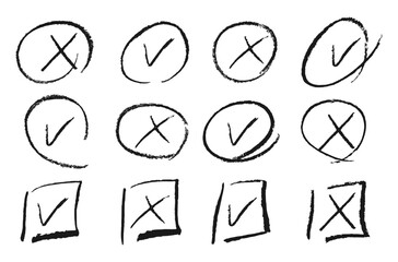 Black pencil check and cross mark hand drawn. Brush tick for doodle list in vector. Grunge correct and wrong scribble with checkbox png. Chalk vote symbol with square and circle emphasis illustration.