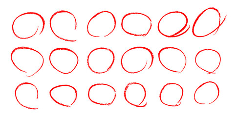Round crayon pencil line drawn by hand. Doodle brush and marker stroke with pastel color texture. Circular sketch element for kid design. Chalk scribble circle frame and wax outline icon on paper.