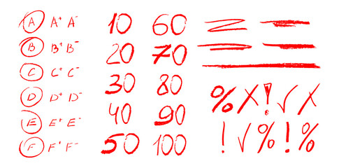 Red crayon mark for paper. Handwritten pencil check icon and sketch circle with exam score percent. School homework grading with good and c word doodle scribble. Brush pen art with letter design.