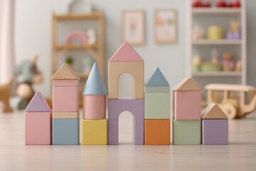Colorful Wooden Blocks Arranged in a Playful Pattern on a Light