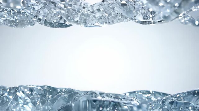 Crystal formations glimmering under soft light, showcasing intricate textures and reflections, creating a mesmerizing visual flow with dynamic movement and depth perception